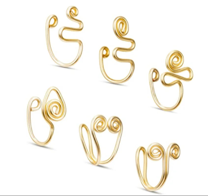 

POENNIS brass thread sanke shape nose cuffs 9 hoop nose clip non piercing faux nose rings, Gold