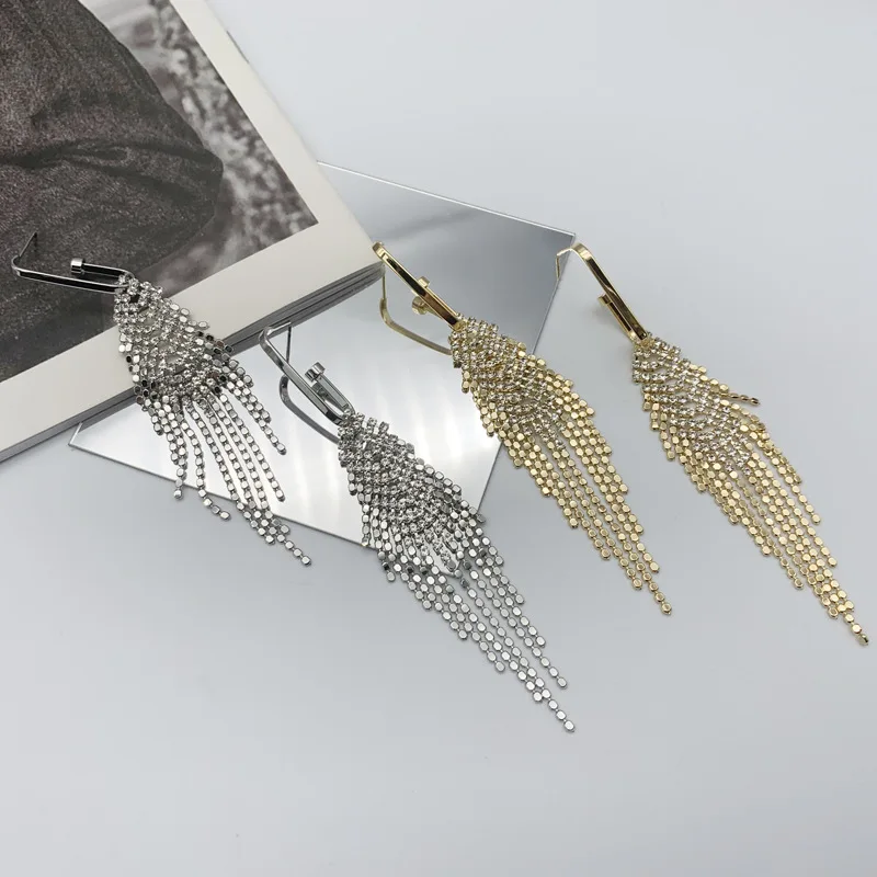

Exaggerated Tassel Earrings Geometric Diamond Long Stainless Steel Stud Earrings, Gold/silver