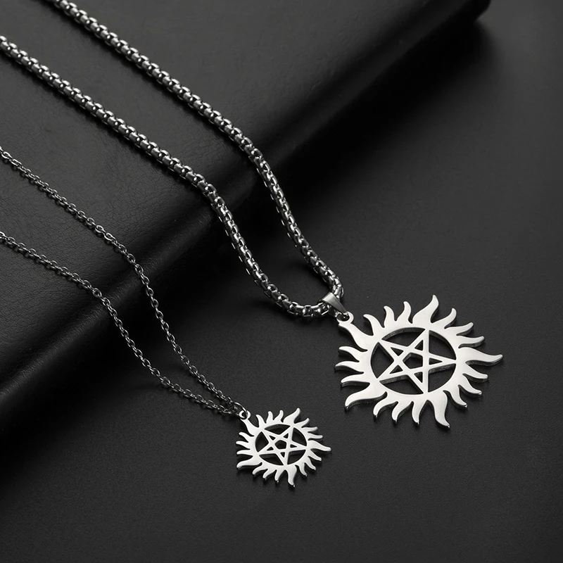 

Stainless Steel Shining Sun Pentagram Pendant Necklace Supernatural Dean Statement Box Chain Necklaces Jewelry Women Men, Steel color,can custom color