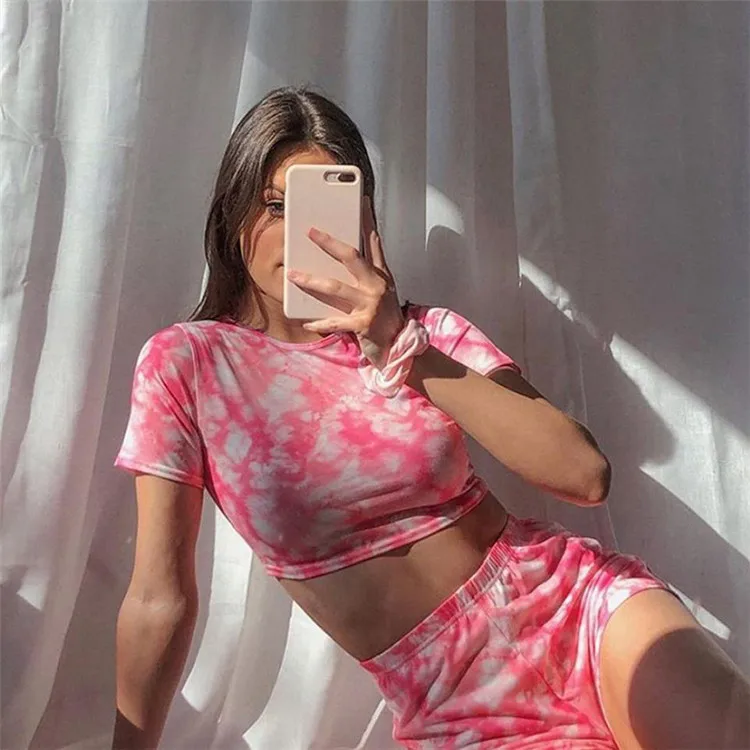 

2020 Women Workout Crop Top And Short Tie Dye Sport Sets For Women, Picture color