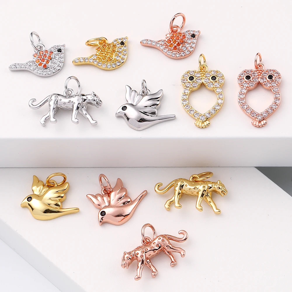 

Cute design 18k gold-plated copper with zircon charms birds cheetah shape charms for jewelry necklace bracelet earring design