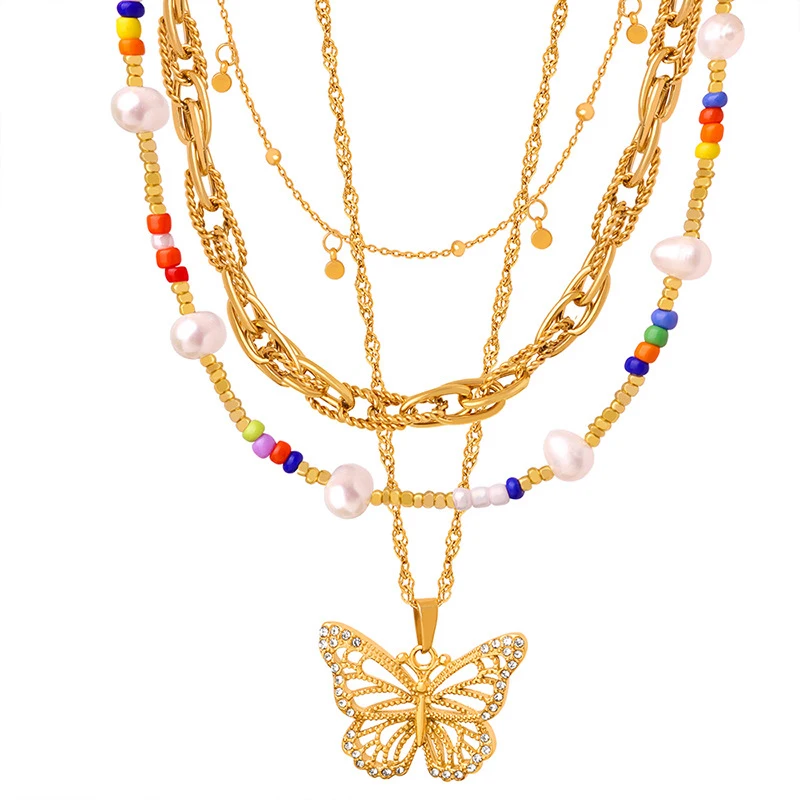 

18K Gold Plated Stainless Steel Chain Freshwater Pearls Seashell Rhinestones Butterfly Necklace Set Fine Fashion Jewelry