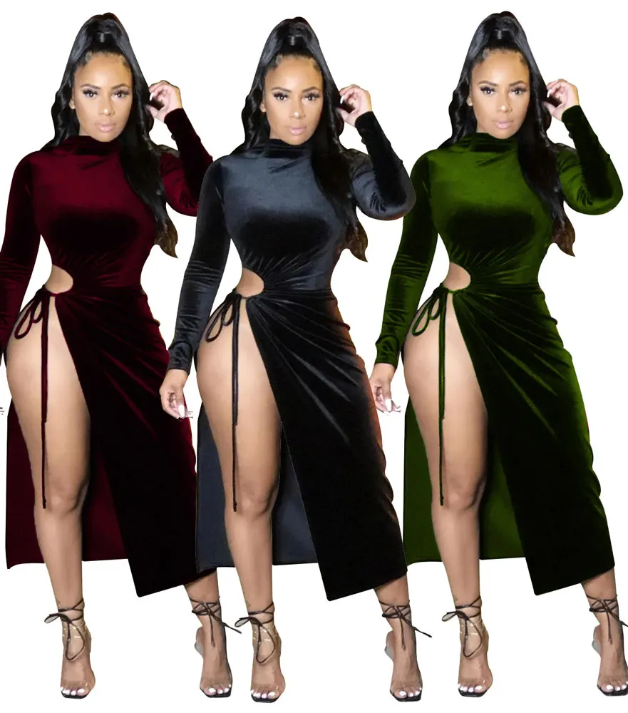 

20911-MX48 split hollow out drawstring dresses women lady elegant sehe fashion