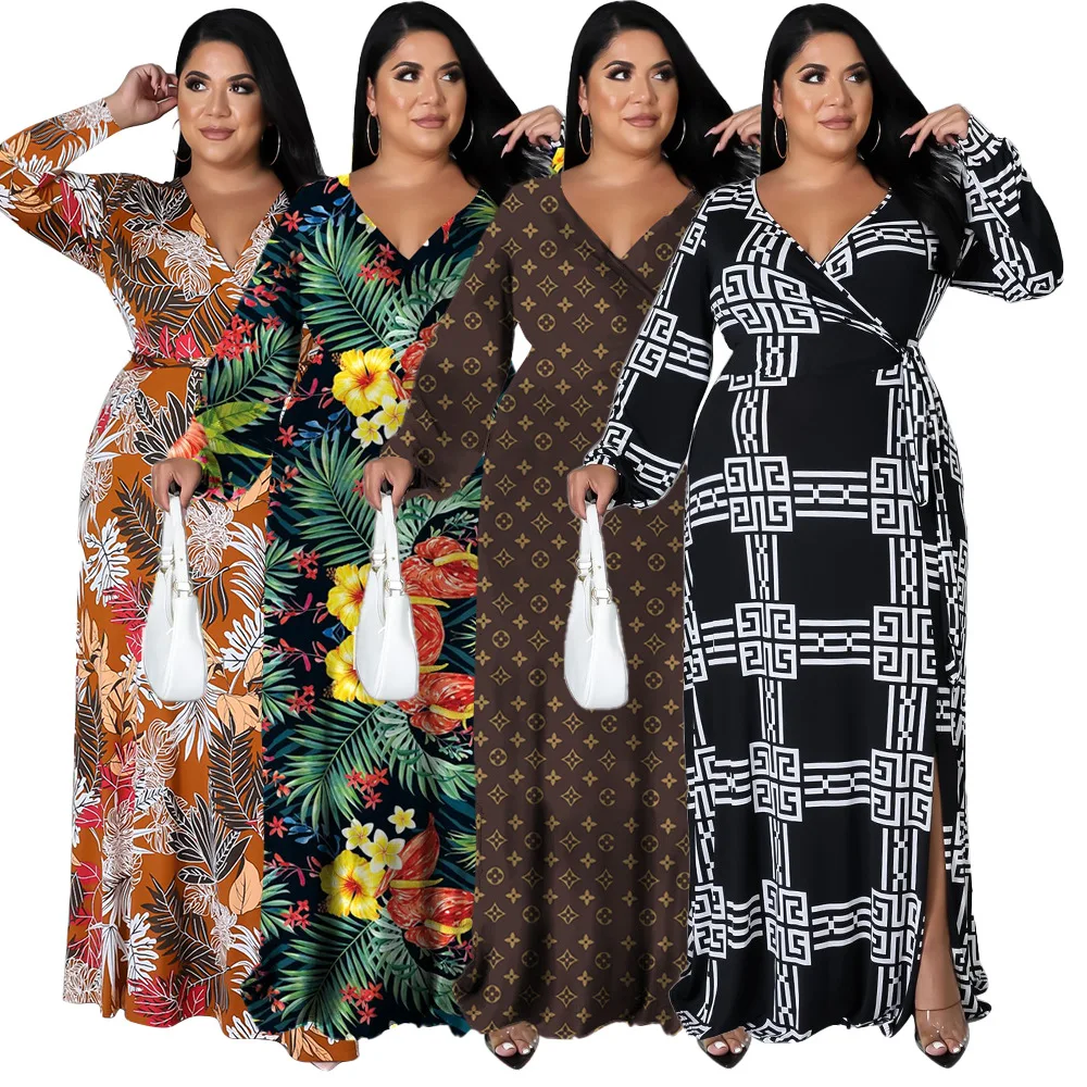 

2022 new arrival fat women elegant ladies digital printed sexy waist blouse maxi skirt plus size big size 4XL dress, Brown/black/orange/green