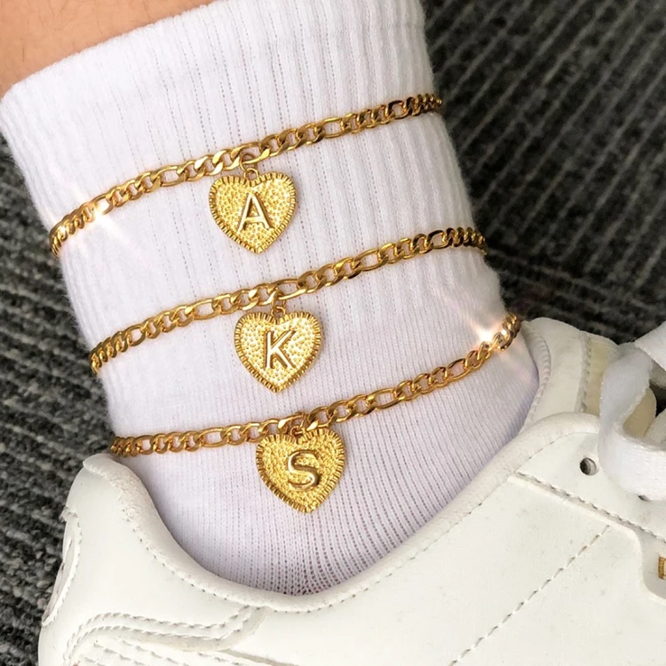 

18k Real Gold Plated Stainless Steel Figaro Chain Women Charm Copper Foot Jewelry Ankle Bracelet Heart Initial Letter Anklet, 18k gold