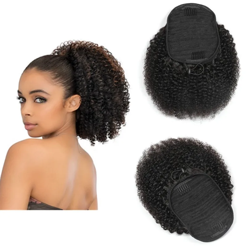 

Hot Sale Hairpiece Top Quality Human Hair Afro Kinky Curl Ponytail Drawstring Pony Hair Extensions 8-20inch In Stock, Natural black can be dyed dark color