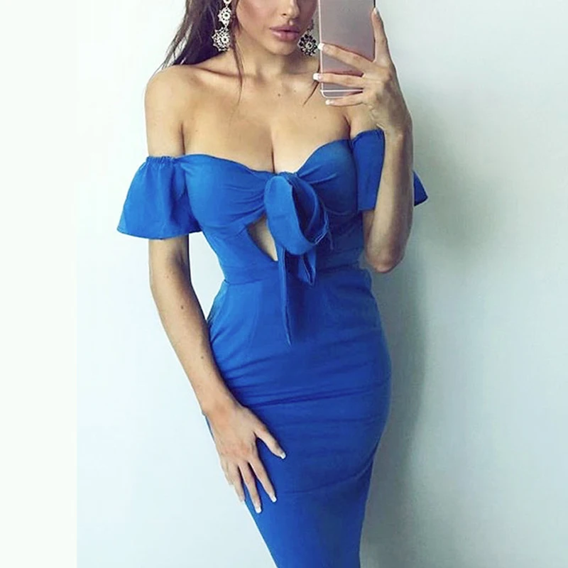 

Off Shoulder Bandage Sexy Dress Women Clubwear Bow Tied Short Sleeve Party Sexy Midi Party Bodycon Dress Vestidos