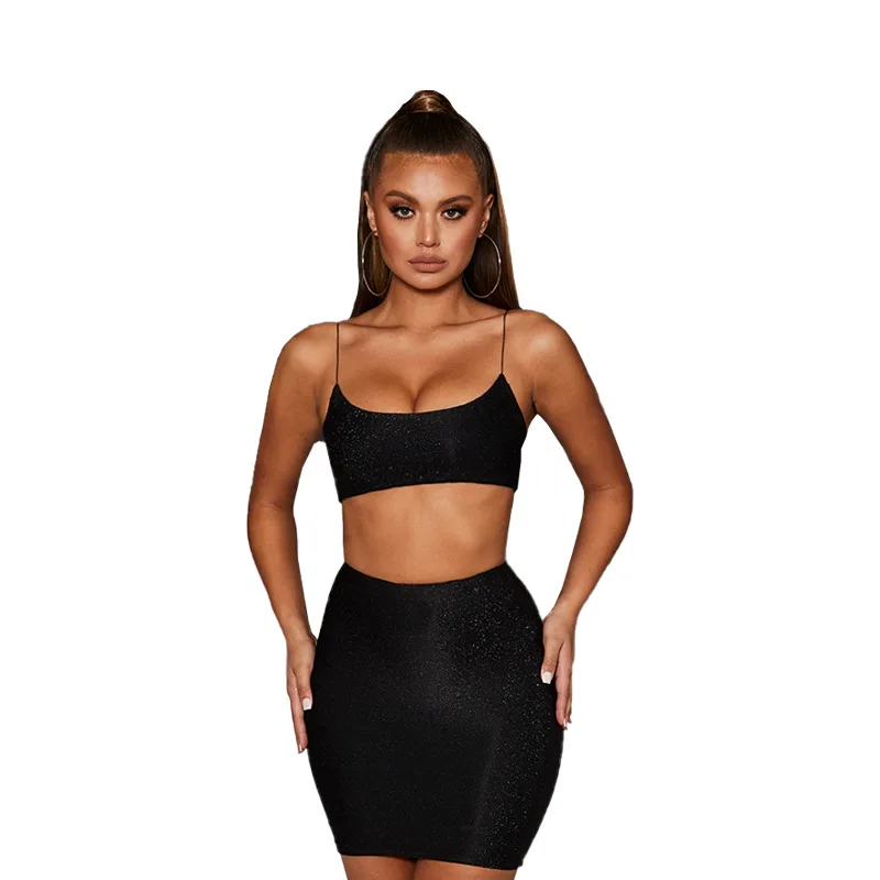 

2021 New Design womens casual dresses Shimmer Crop Top Women Clothing Bodycon Two Piece short Set Mini Party sequin Dress Sexy, Photo color