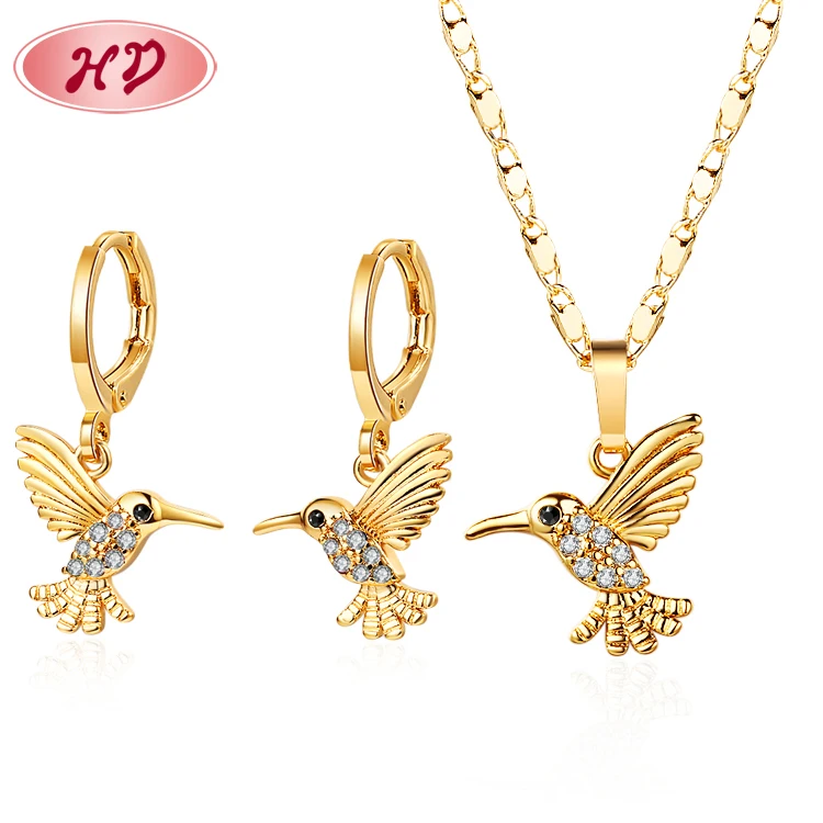 

cheap jewellery batch bird dangling earring and necklace jewelry sets AAA cubic zirconia 18k gold plated brass jewelry for women