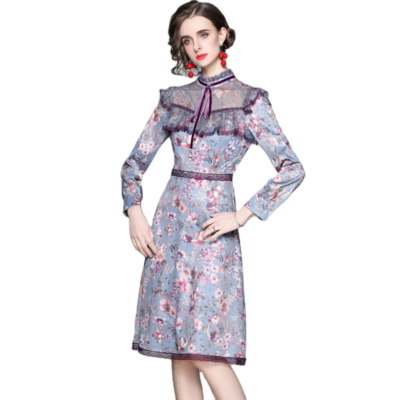 

2021 summer new women's bow yarn lace ruffled casual women's sexy slim print casual dress