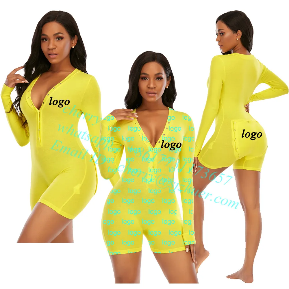 

women's sleepwear Womens butt flap adult onesie pajamas sexy v neck long sleeve bodycon blank onesie with butt flap, Picture shows