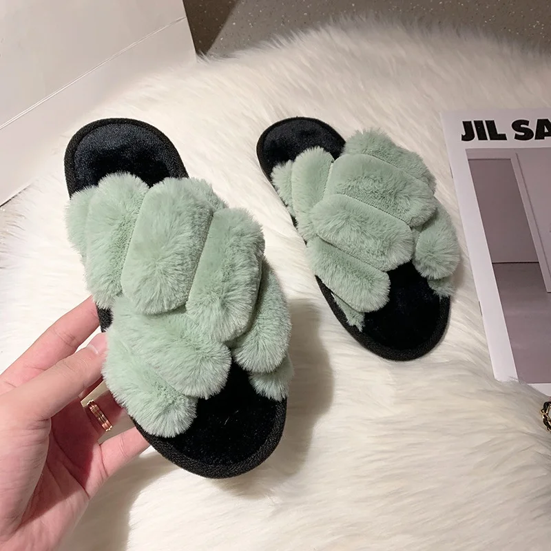 

New Style Winter Fur Slides Cross Strap Floette Plush Slippers Rubber Indoor Open-toe Women Fashion Fuzzy Slippers, White/black/grey/green/brown