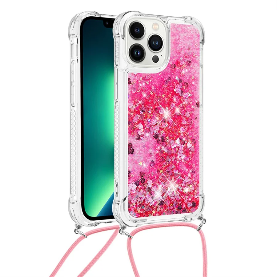 

Silicone Phone Cover For iPhone 13 Pro Max 11 12 mini X XS XR 6 7 8 SE 2020 5 Glitter Liquid Quicksand Shockproof With Lanyard, 10colors