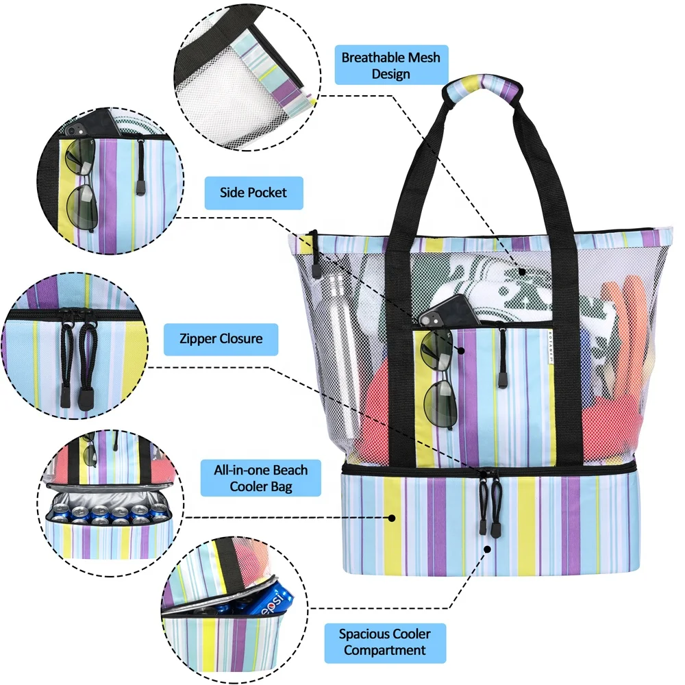 

Amazon fashion latest custom double layer insulation polyester mesh beach bag with cooler bag