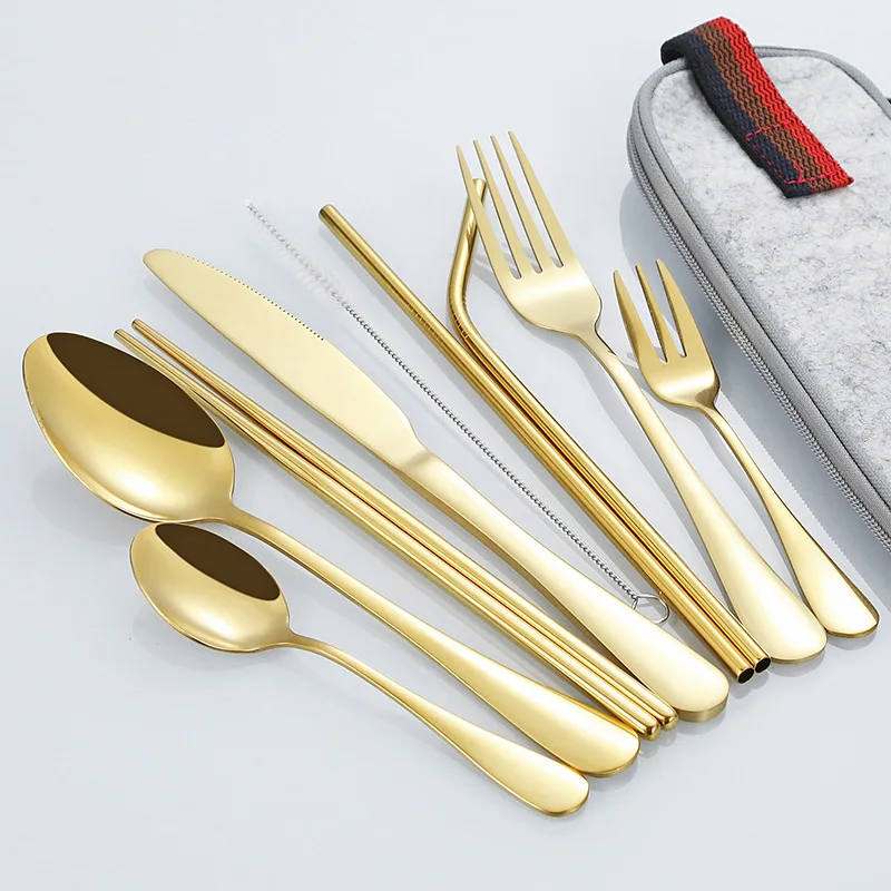 

304 Portable Travel Cutlery Set Knife Fork Spoon Straws flatware Set Stainless Steel Cutlery set with bag, Gold