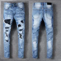 

New Italy Style #563# Men's Distressed Destroyed Oiled Pants Blue Crystals Patches Blue Skinny Jeans Slim Trousers Size 28-42