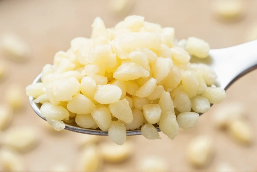 Close-up of freshly minced garlic in a teaspoon measurement showing texture and volume