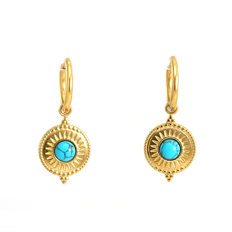 

Vintage 18K Gold Plated Turquoise Round Pendant Earrings Gift Jewelry Stainless Steel Stone Earrings