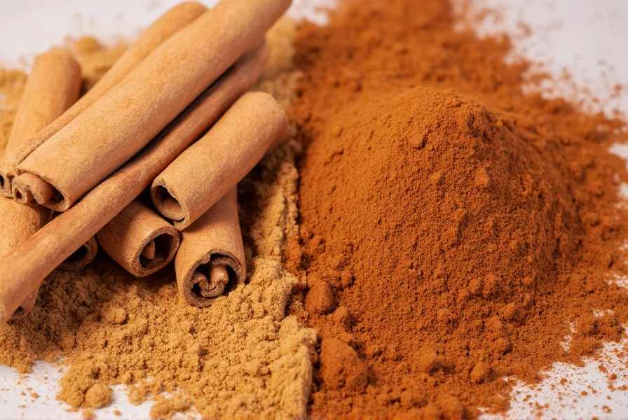 Close-up of cinnamon sticks and powder showing texture and color differences between Ceylon and Cassia varieties