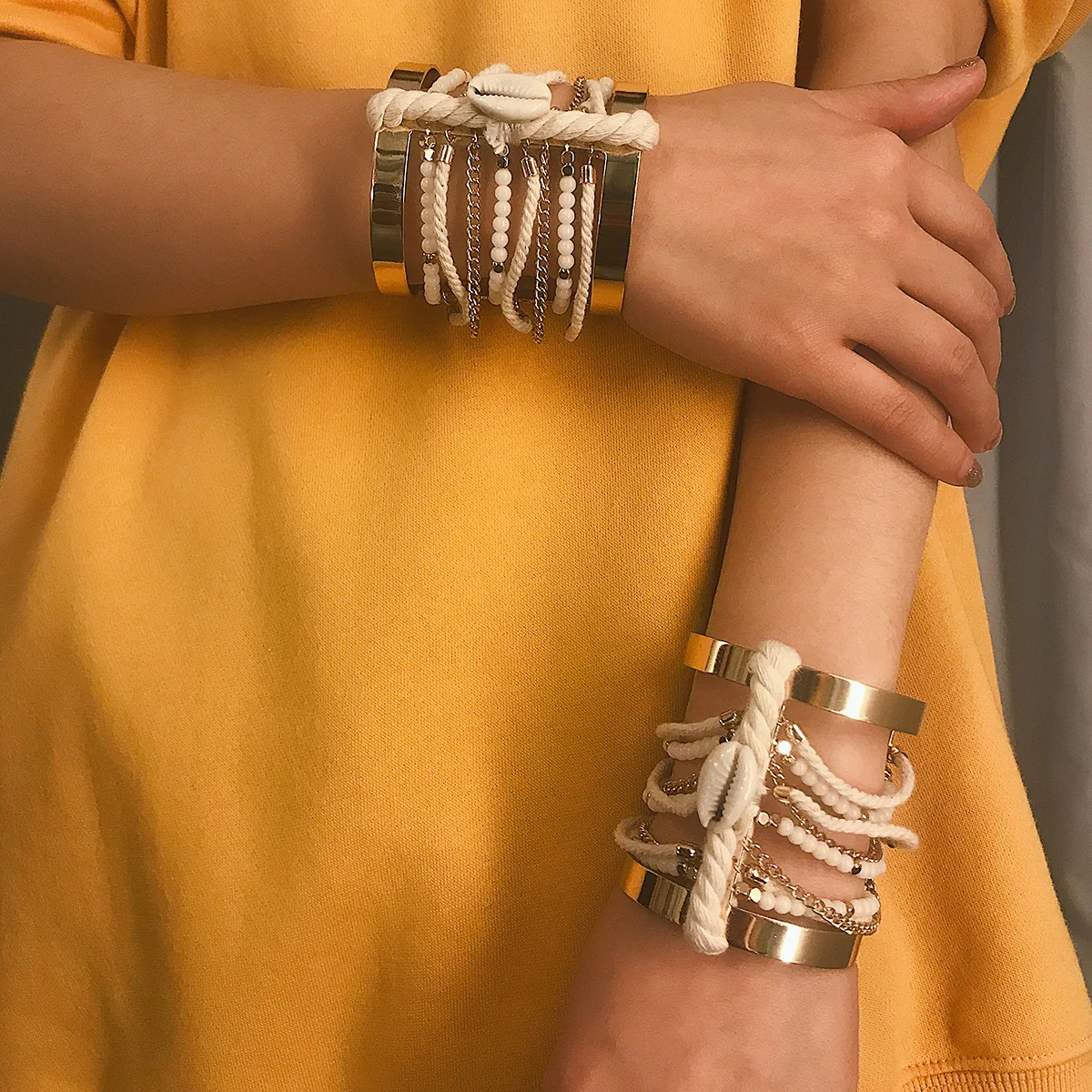 

Exaggerated Simple FashionJewelry Ethnic Style Multi-Layer Cotton Thread Shell Iron Wide Bracelet