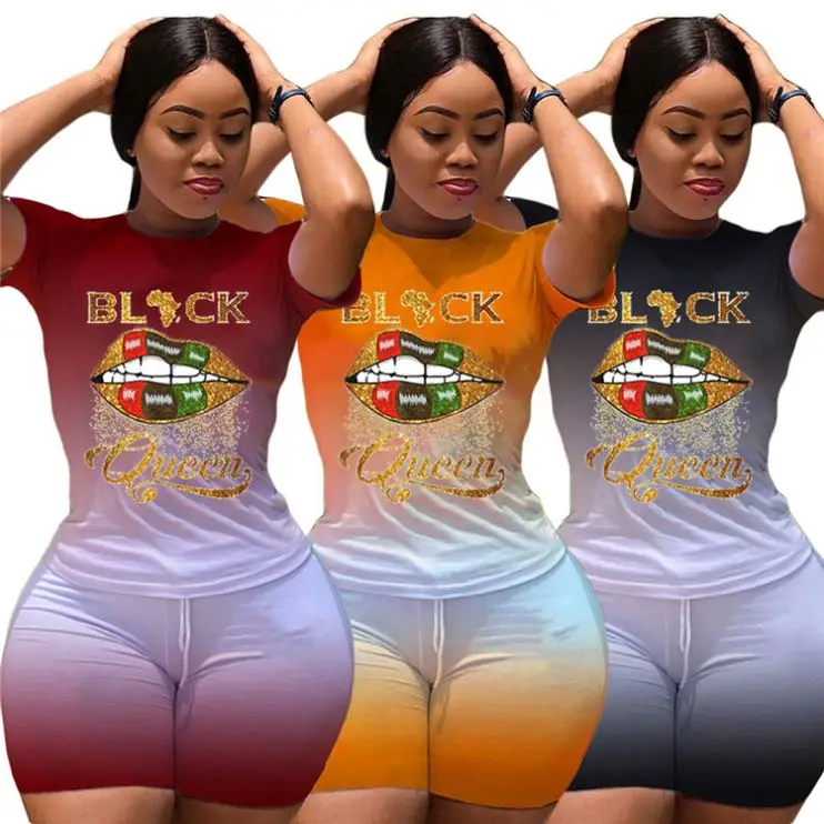 

0720M109 Casual Summer Printing Gradient Sexy 2 Pcs Track Suit Outfits Two Piece Short Set