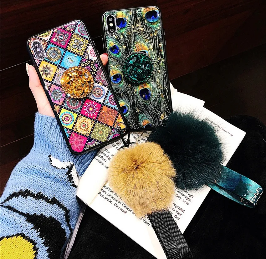 

Phone case for iPhone 11 XS MAX X 8 7 6 Plus Fashion Soft TPU phone Case with fur ball Wrist Strap