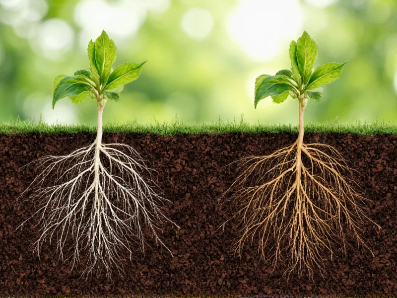 Side-by-side comparison of healthy white roots in proper potting mix versus brown, mushy roots in compacted soil