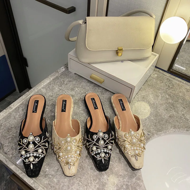 

Spring/Autumn Fashion Sexy Women Shoes Elegant String Bead Crystal Patchwork Slip-On 35-42 Thin Heels Slipper NEW 2022