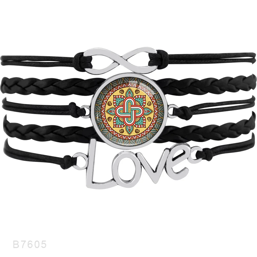 

Factory Custom Made Handmade Infinity Love Mandala Yoga Mediation Charm Leather Wrap Bracelets for Women, Silver plated