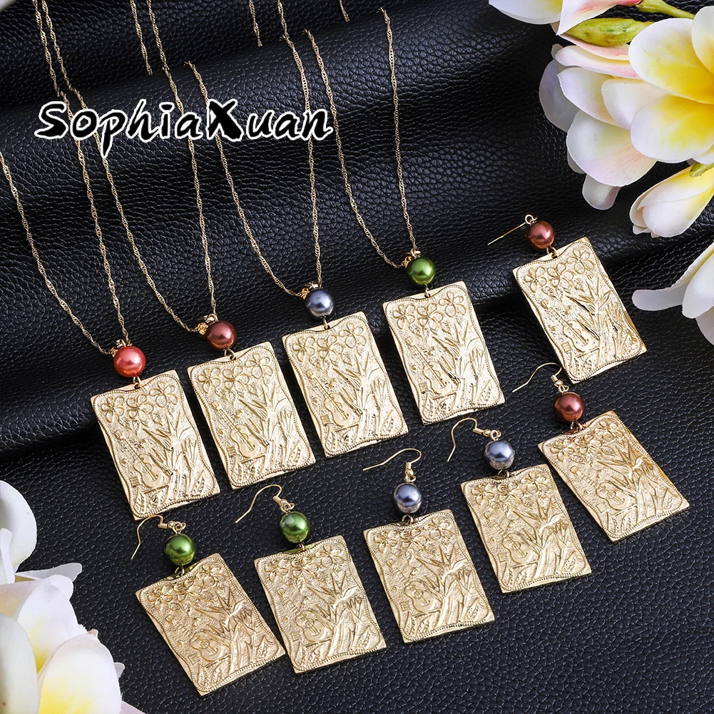 

SophiaXuan simple New Samoan Rectangle Hawaiian Jewelry Earrings Polinesian Jewelry Necklace Set, Picture shows