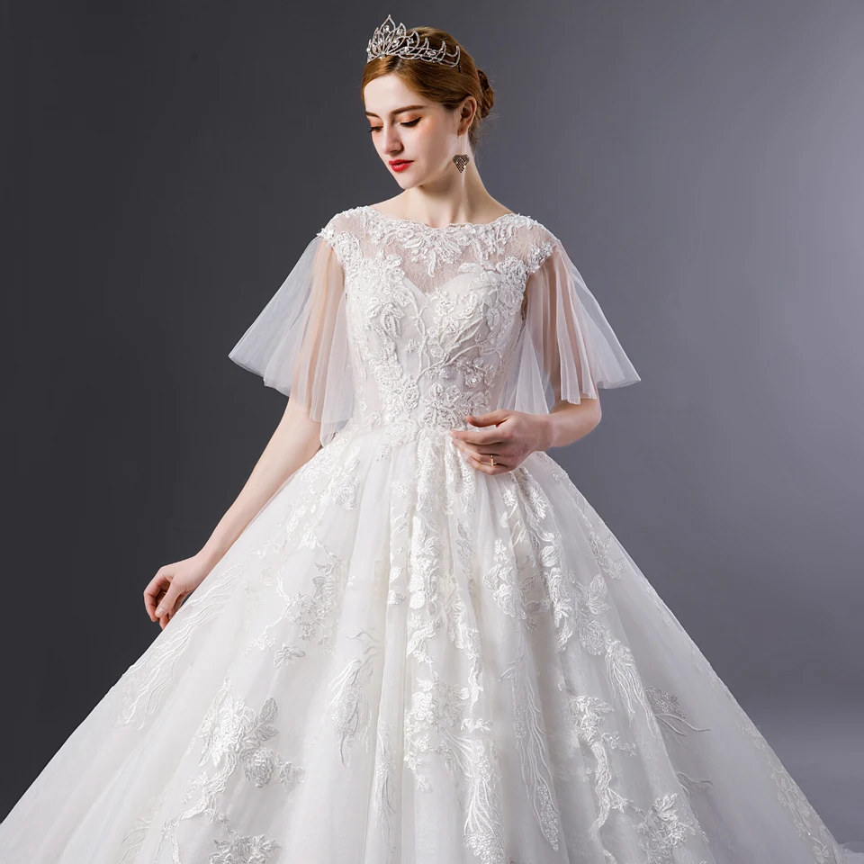 

SL6062 off white wedding dress short sleeve plus size applique beading puff sleeve wedding bridal gown with train lace backless, Ivory