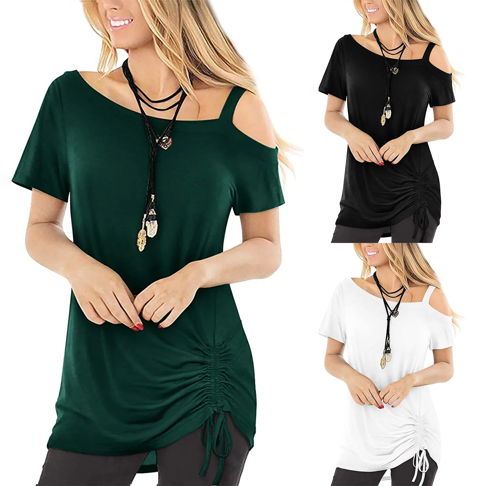 

2021 Summer New Women's Drawstring T-shirt Short Sleeve Off Shoulder Cotton Top