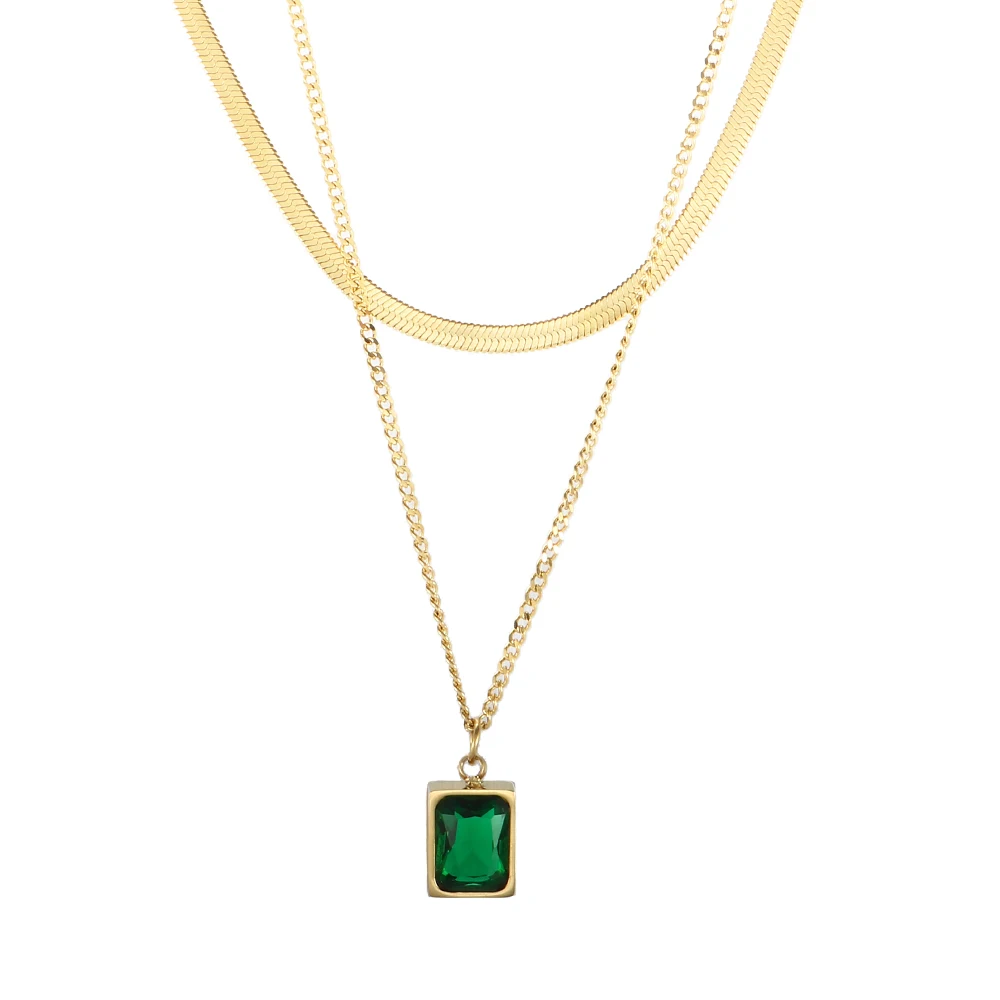 

Waterproof Gold Clear Green Stone Pendent Necklace Stainless Steel 18K Gold Plated Double Layered Choker Necklace For Women