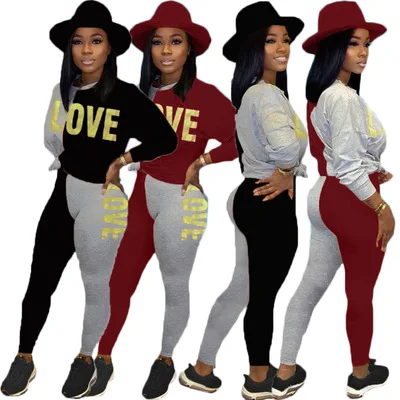 

CL-027 Fashion Letter Printing Contrast Color Stitching Casual Suit For Women Outfit Pullover Sport 2 Piece Custom Women Set