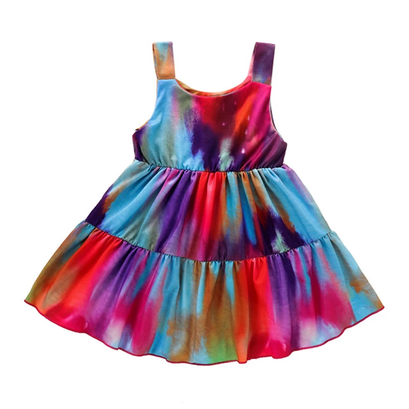 

New arrive sleeveless tie dye summer rainbow ruffle baby girls frock dresses, As picture show