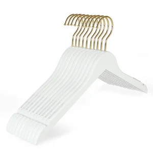 Image of 440mm Length Anti Slip Shoulder Shiny Finishing White Wooden Tops Dress Shirts Coat Clothes Hangers with Thick Gold Hook