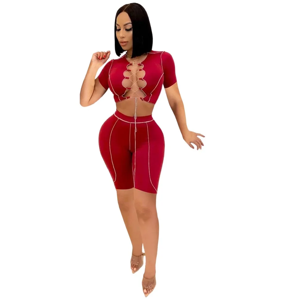 

danset22 2021 summer sexy fashion Womens Clothing Crop Top Two 2 Piece Shorts Clothes Short Sleeve women bodycon Set, Picture showed