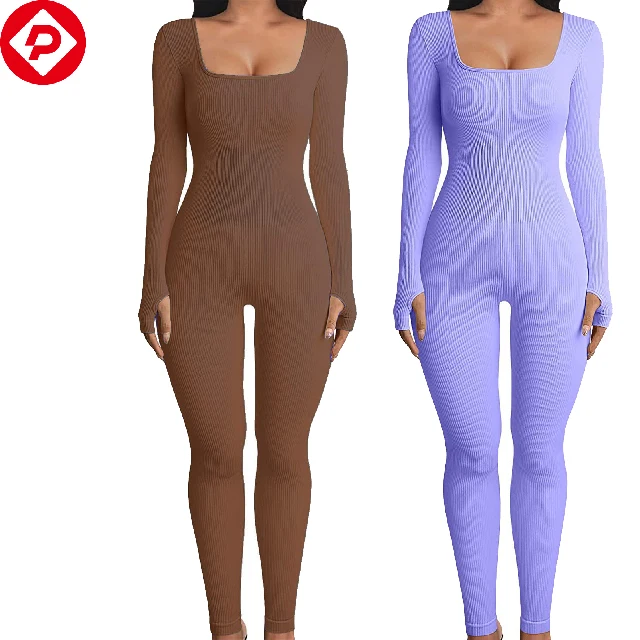 

Women Jumpsuits Long Sleeve Full Body Square Neck Bodysuits Ribbed Seamless Workout Dance Yoga Jumpsuits