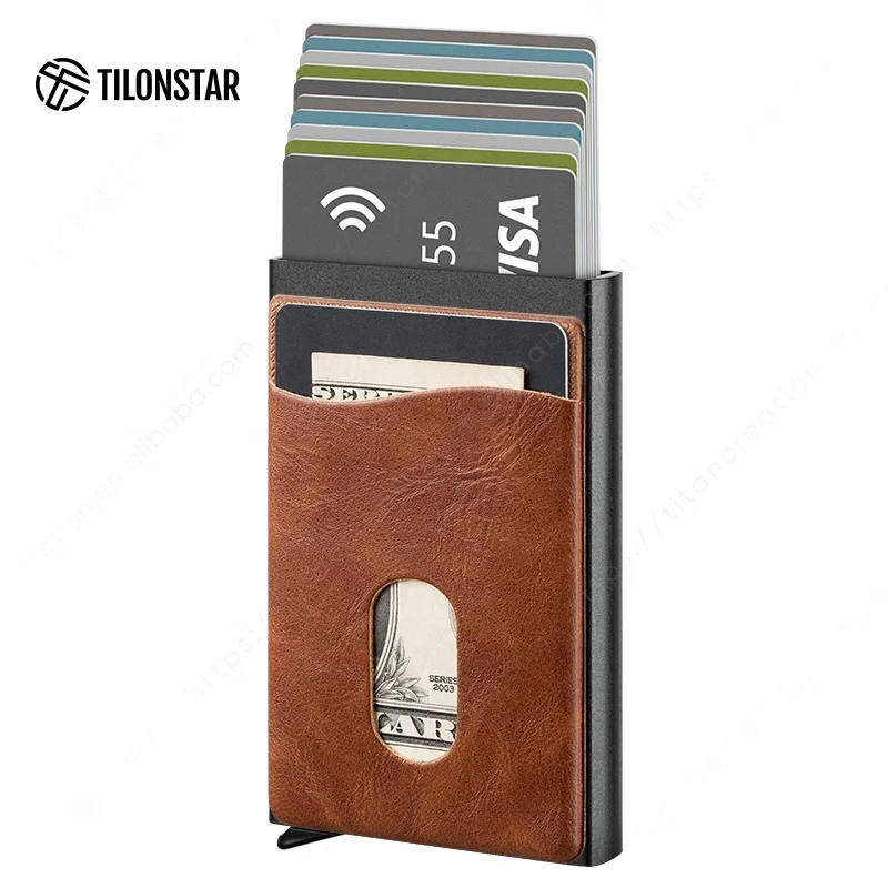 

Ultra Thin Multi-Capacity Card Box With Coin Pocket Aluminum Card Holder Wallet Leather Credit Card Cases