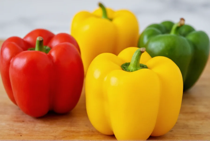 Close-up view of different colored bell peppers showing red, yellow, and green varieties on wooden cutting board