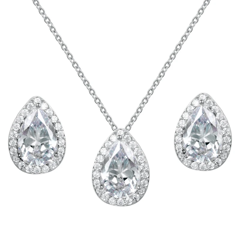

New Arrival Rhodium Plated Large Pear Cut Cubic Zirconia CZ Crystal Necklace and Earring Bridal Wedding Jewelry Set