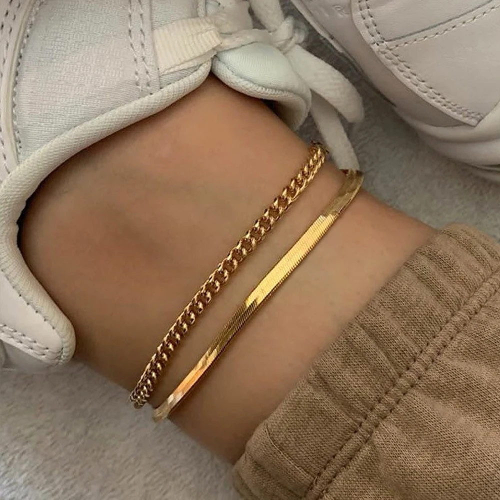 

Women Minimalist Foot Bracelet 18k Gold Plated Stainless Steel Snake Chain Anklet Herringbone Anklet Body Jewelry