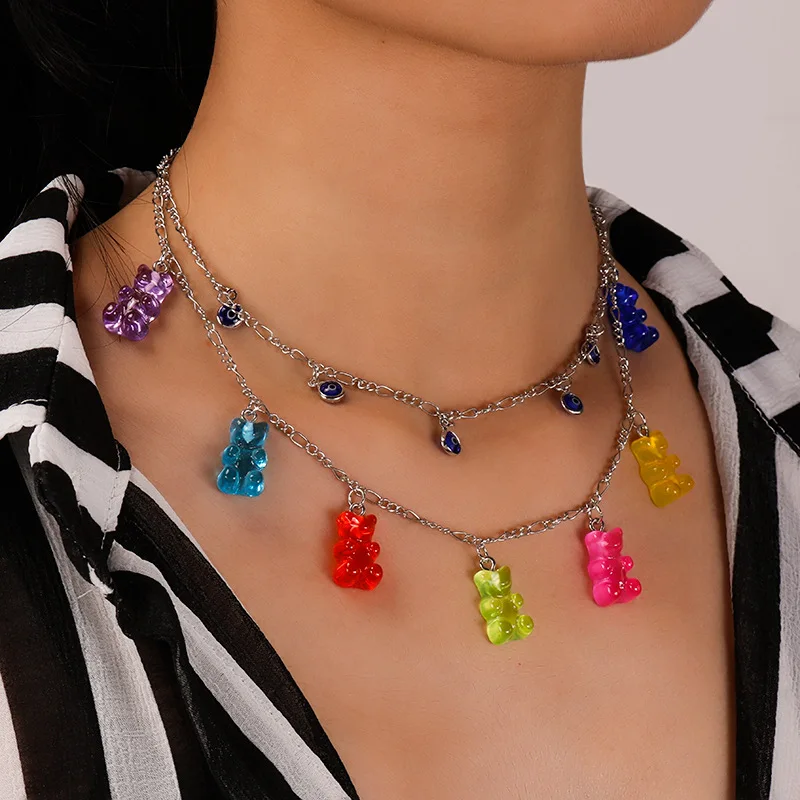 

European and American Trend Colorful Bear Pendant Necklace Jewelry Eyes Clavicle Double Chain Necklace, Silver