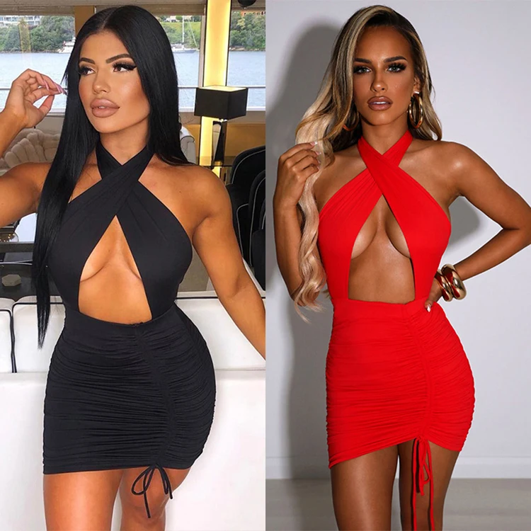 

Club Wear Sleeveless Solid Halter Hollow-Out Mini Dresses Black Red Bandage Ruched Backless Sexy Party Dress Women