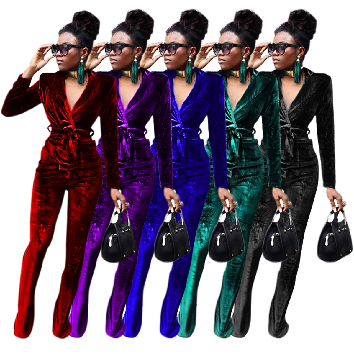 

2021 clothing trends slim waist flared woman pants and pants suits full sleeves bandage velvet business swear suits for women, Purple/red/black/green/royal blue