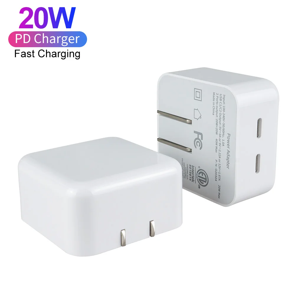 

Factory wholesale direct selling 40W Can be folded Fast Charging Double PD USB Port 20w charger For iPhone Fast USB Wall Charger, Black/white