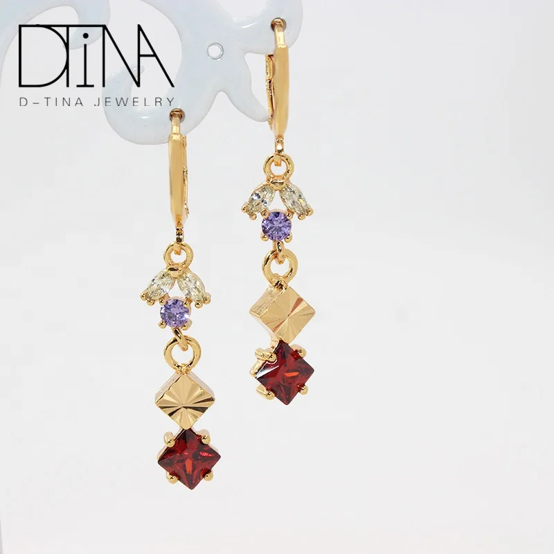 

DTINA Geometric Long earring fashion Red crystal gem gold plated earrings, Golden