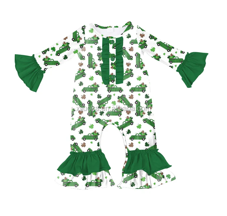 

St. Patrick's Day Girl Boutique Jumpsuit Long Sleeve Ruffle Baby Romper