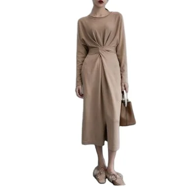 

New Fashion Long-Sleeve Round Neck Dresses Women Korean Style nude color Dresses AS365, Size