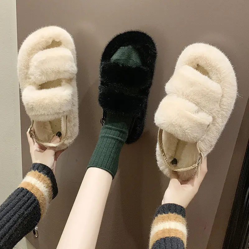 

2020 Fashion wedge sandals woman Faux Fur Slider Slippers Open Toe Mule Fluffy House Slide Winter plush slippers for women, Black, beige